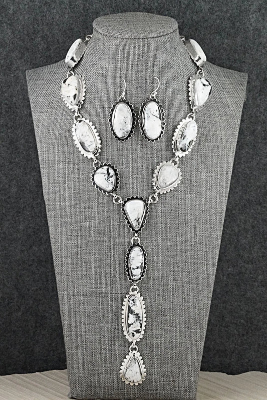 White Buffalo & Sterling Silver Necklace and Earrings Set - Mark Yazzie