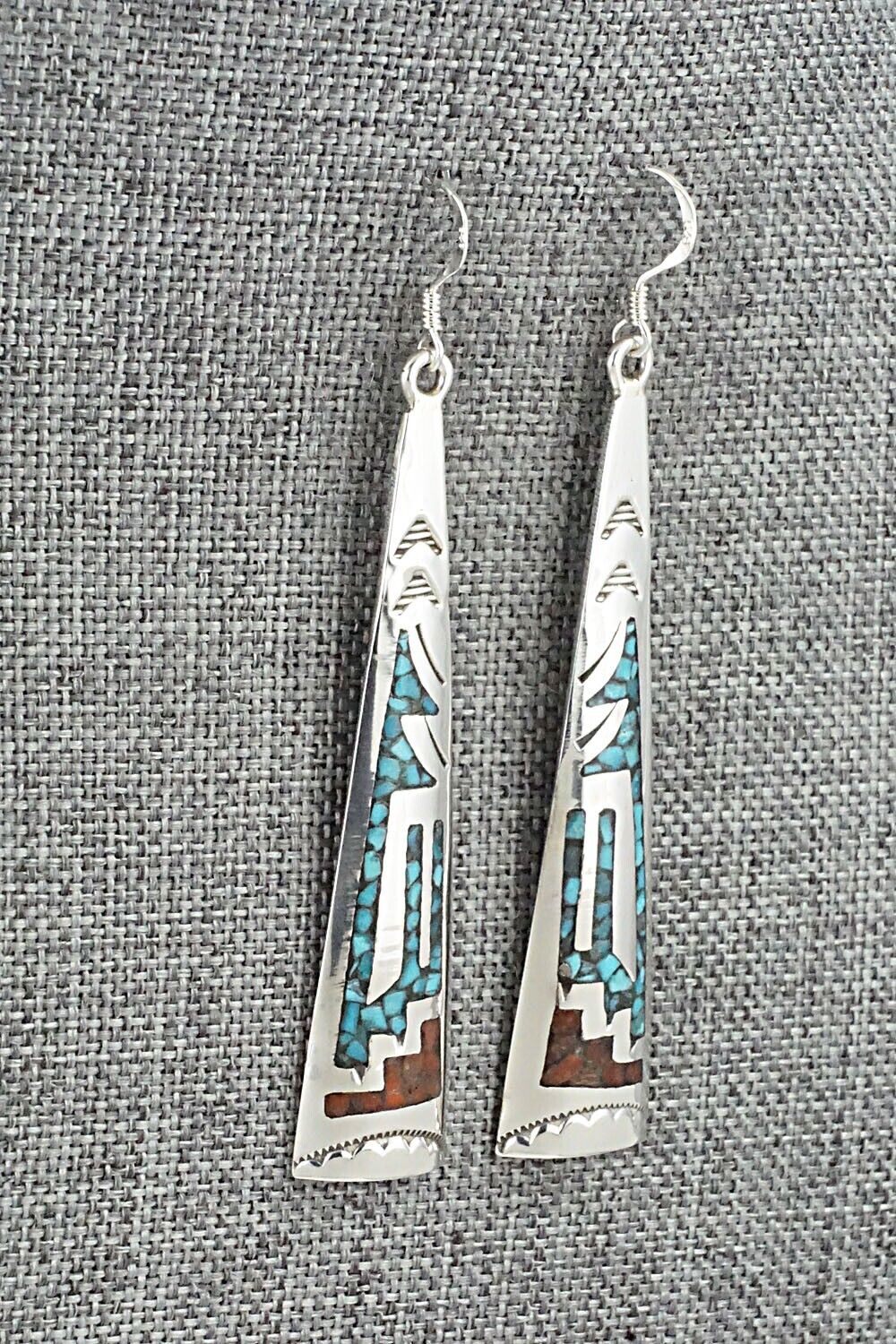Turquoise, Coral & Sterling Silver Earrings - Jolene Yazzie