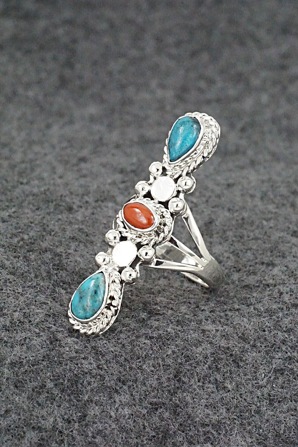Turquoise, Coral & Sterling Silver Ring - Andrew Vandever - Size 7
