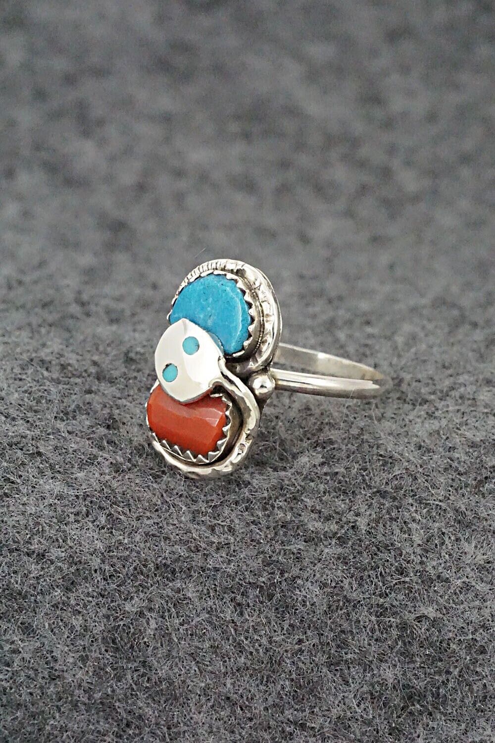 Turquoise, Coral & Sterling Silver Ring - Joy Calavaza - Size 8