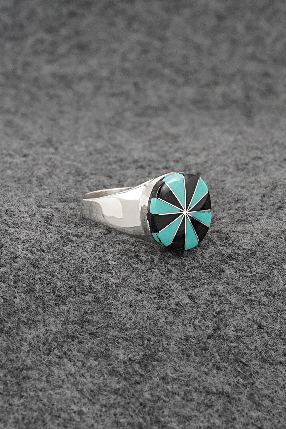 Turquoise, Onyx & Sterling Silver Inlay Ring - Johnson Laweka - Size 8