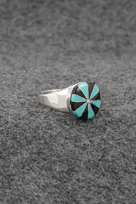 Turquoise, Onyx & Sterling Silver Inlay Ring - Johnson Laweka - Size 8