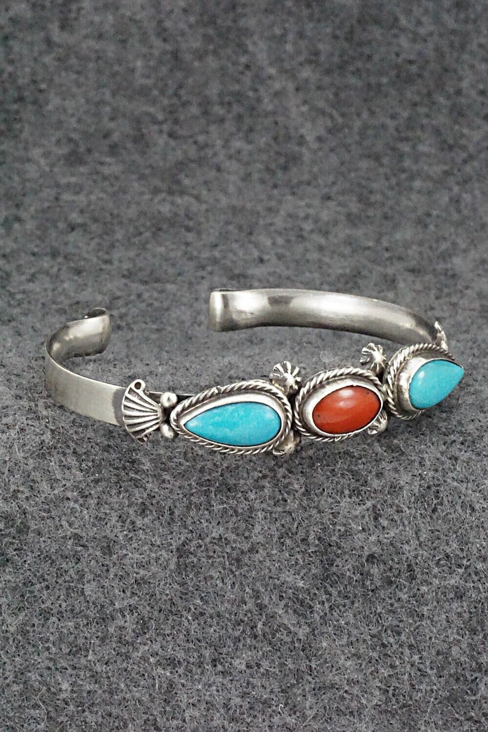 Turquoise, Coral & Sterling Silver Bracelet - Bobby Platero