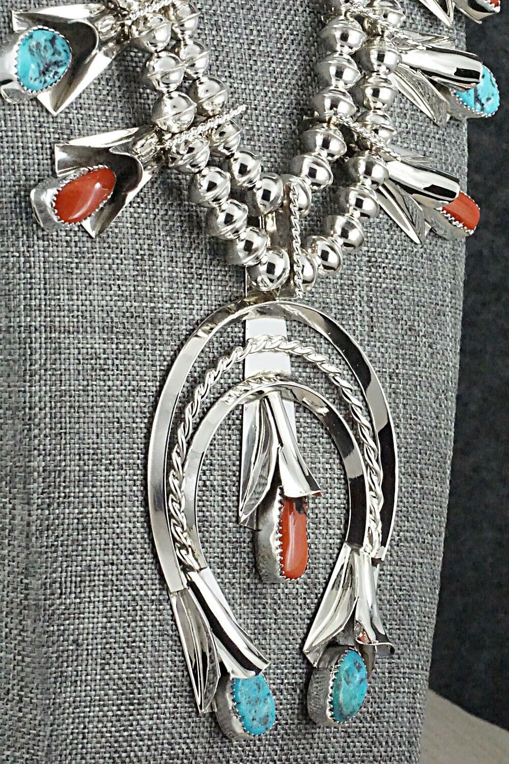 Turquoise, Coral & Sterling Silver Squash Blossom Set - Louise Yazzie