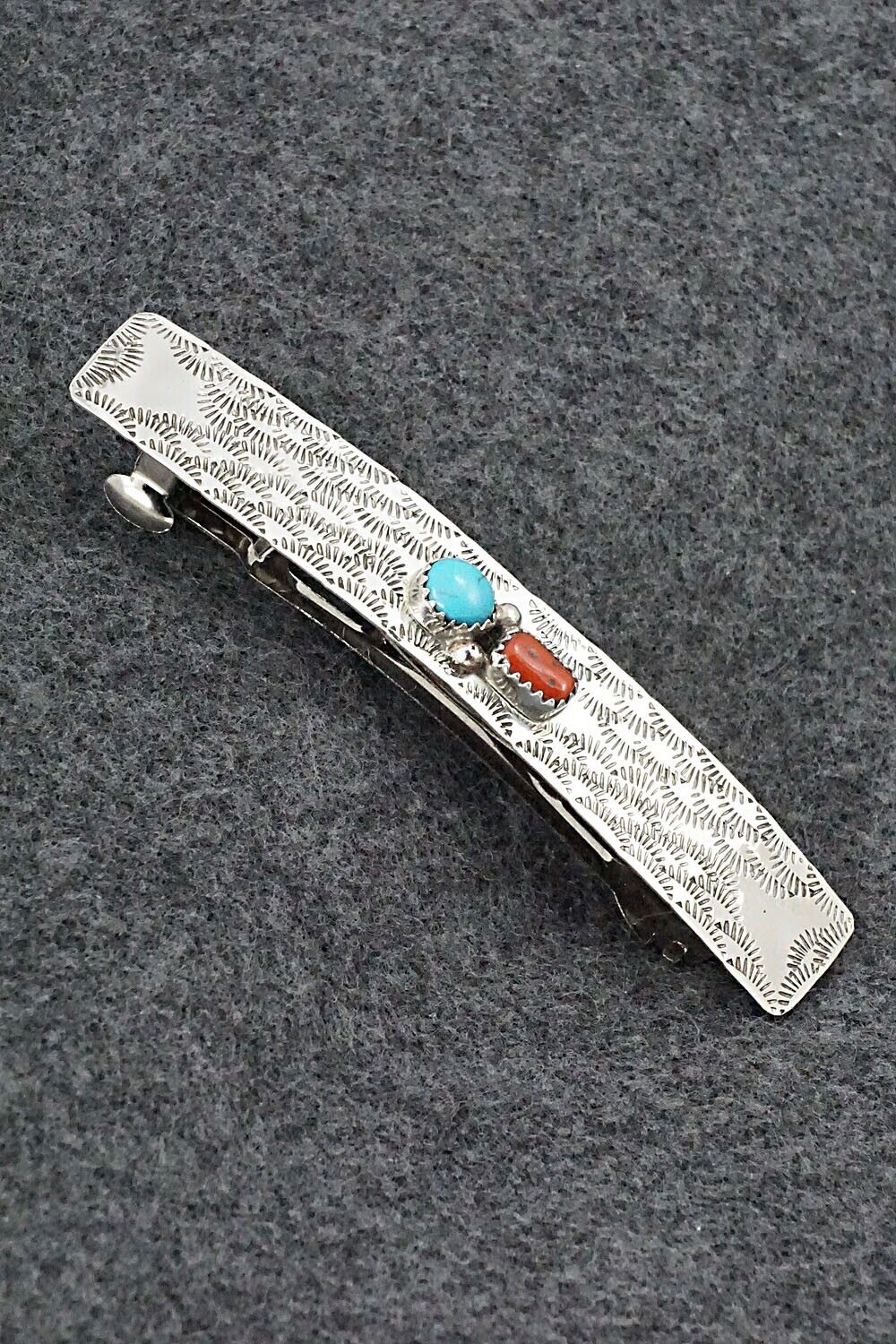 Turquoise, Coral & Sterling Silver Hair Barrette - Sally Arviso
