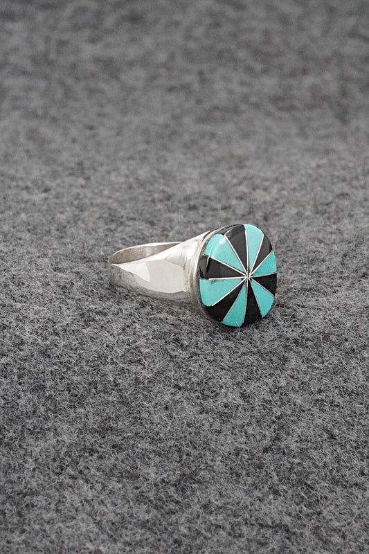 Turquoise, Onyx & Sterling Silver Inlay Ring - Johnson Laweka - Size 6.5