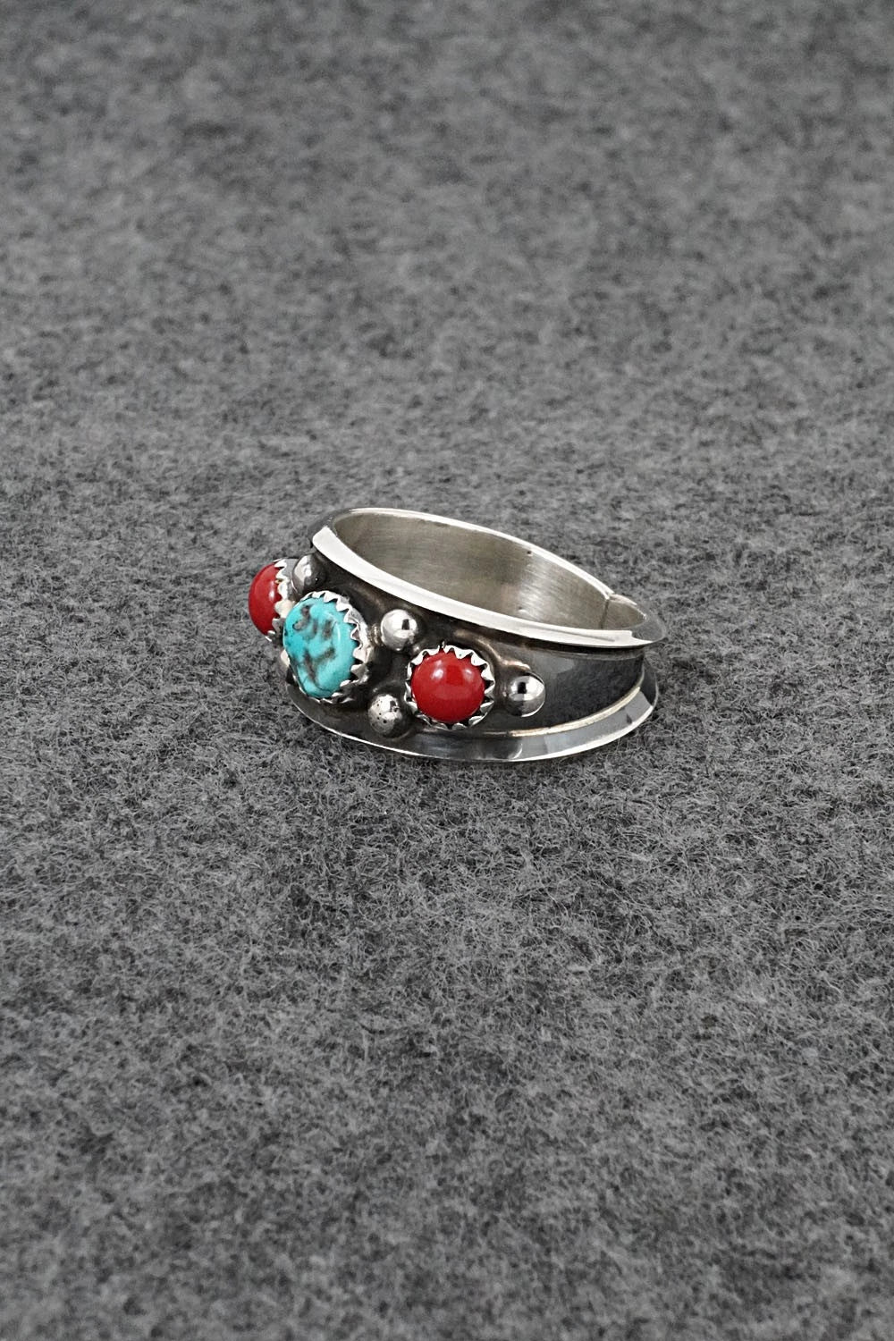 Turquoise, Coral & Sterling Silver Ring - Paul Largo - Size 11