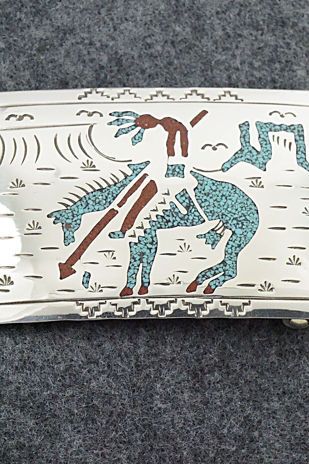 Turquoise, Coral Chip Inlay & Sterling Silver Belt Buckle - Raymond Begay