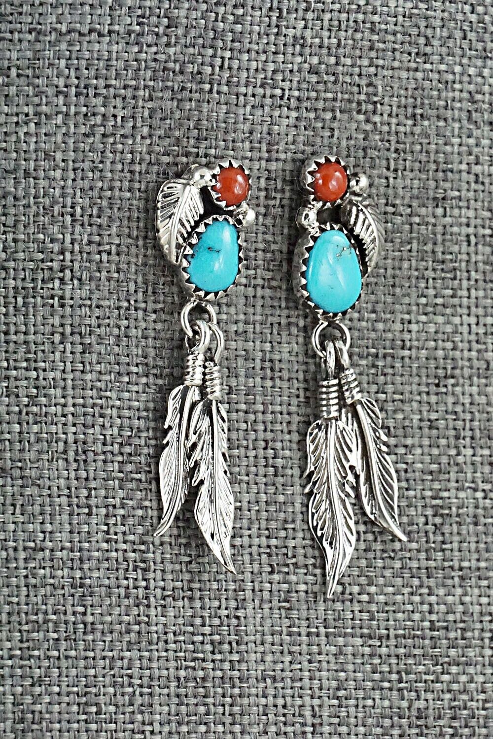 Turquoise, Coral & Sterling Silver Earrings - Marie Jones
