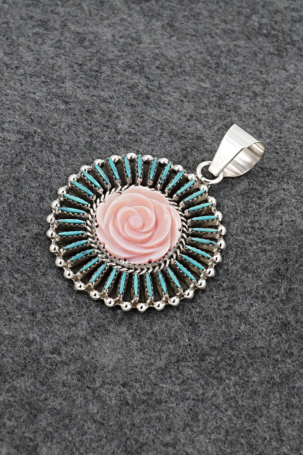 Turquoise, Pink Conch & Sterling Silver Pendant - Roland Francisco