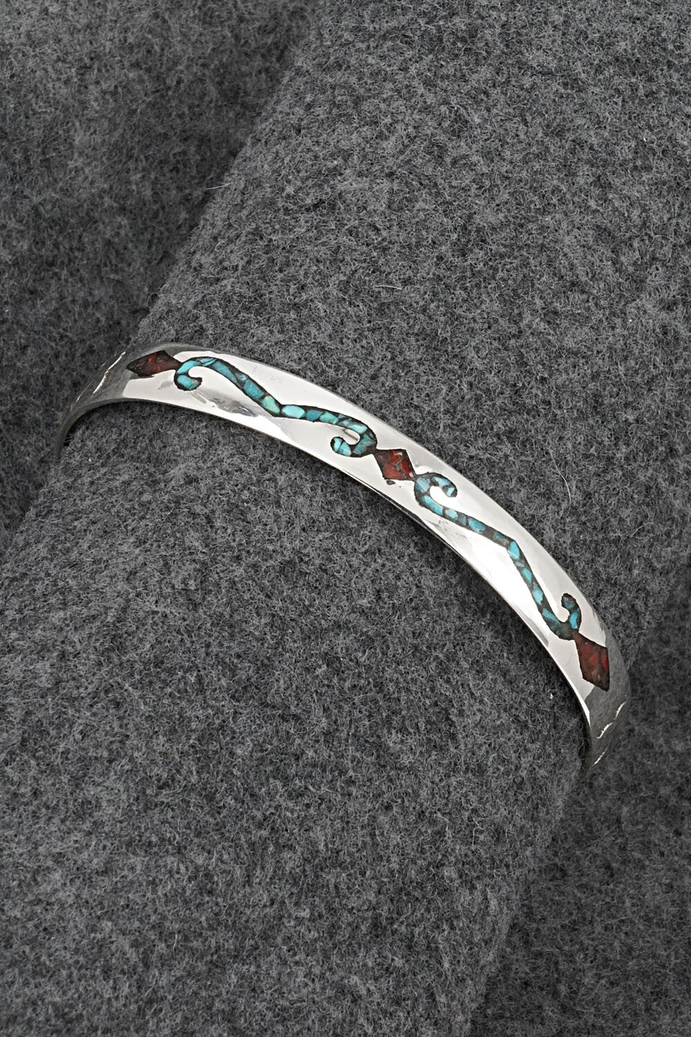 Turquoise, Coral Chip Inlay & Sterling Silver Bracelet - Joleen Yazzie
