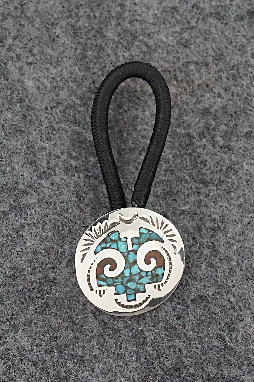 Turquoise, Coral Chip Inlay & Sterling Silver Hair Tie - Joleen Yazzie