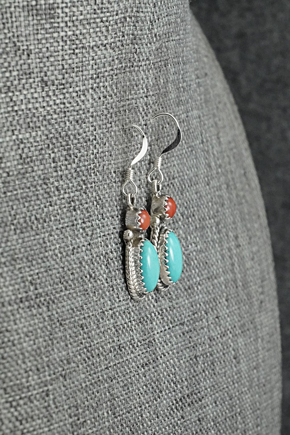 Turquoise, Coral & Sterling Silver Earrings - Verley Betone