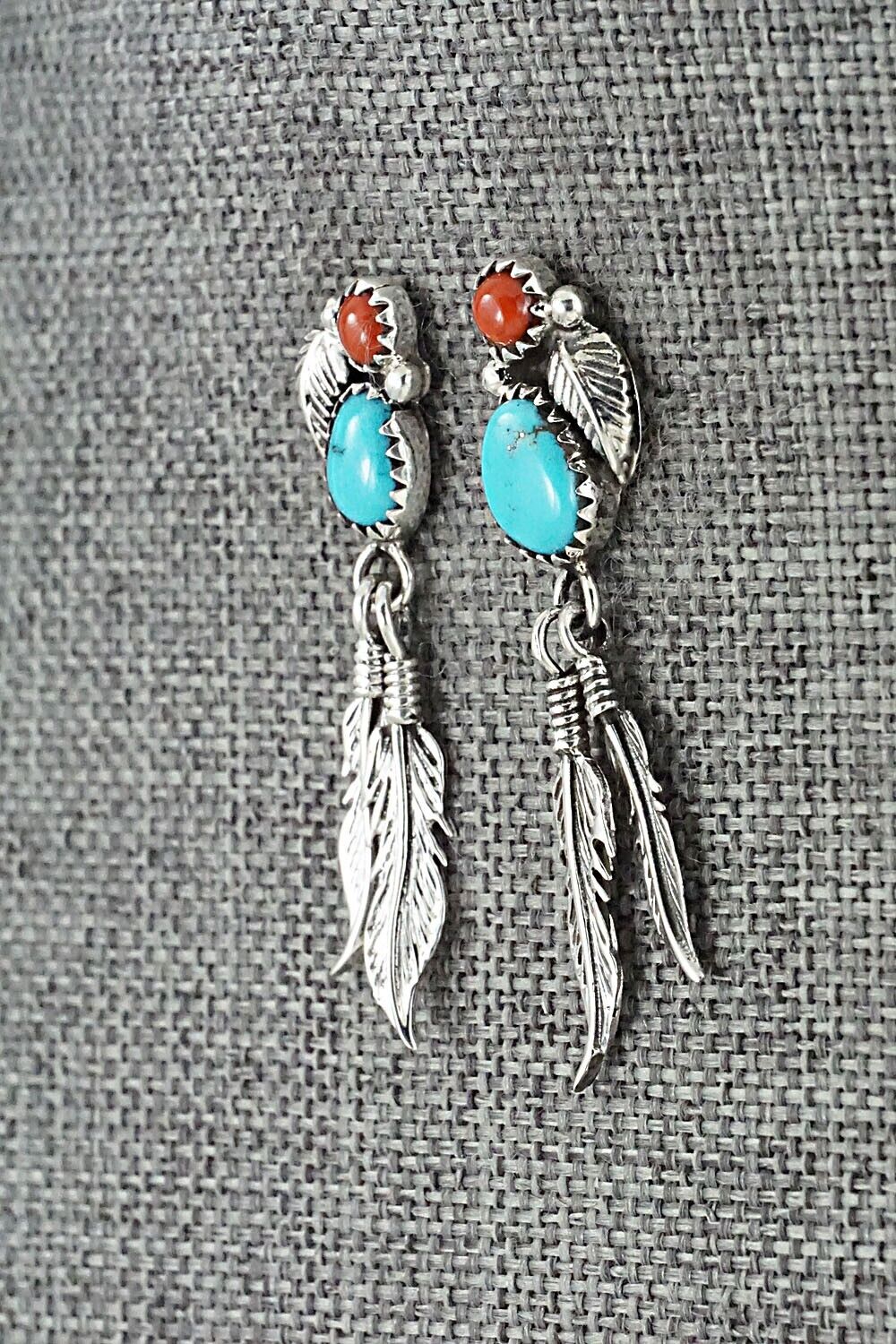 Turquoise, Coral & Sterling Silver Earrings - Marie Jones