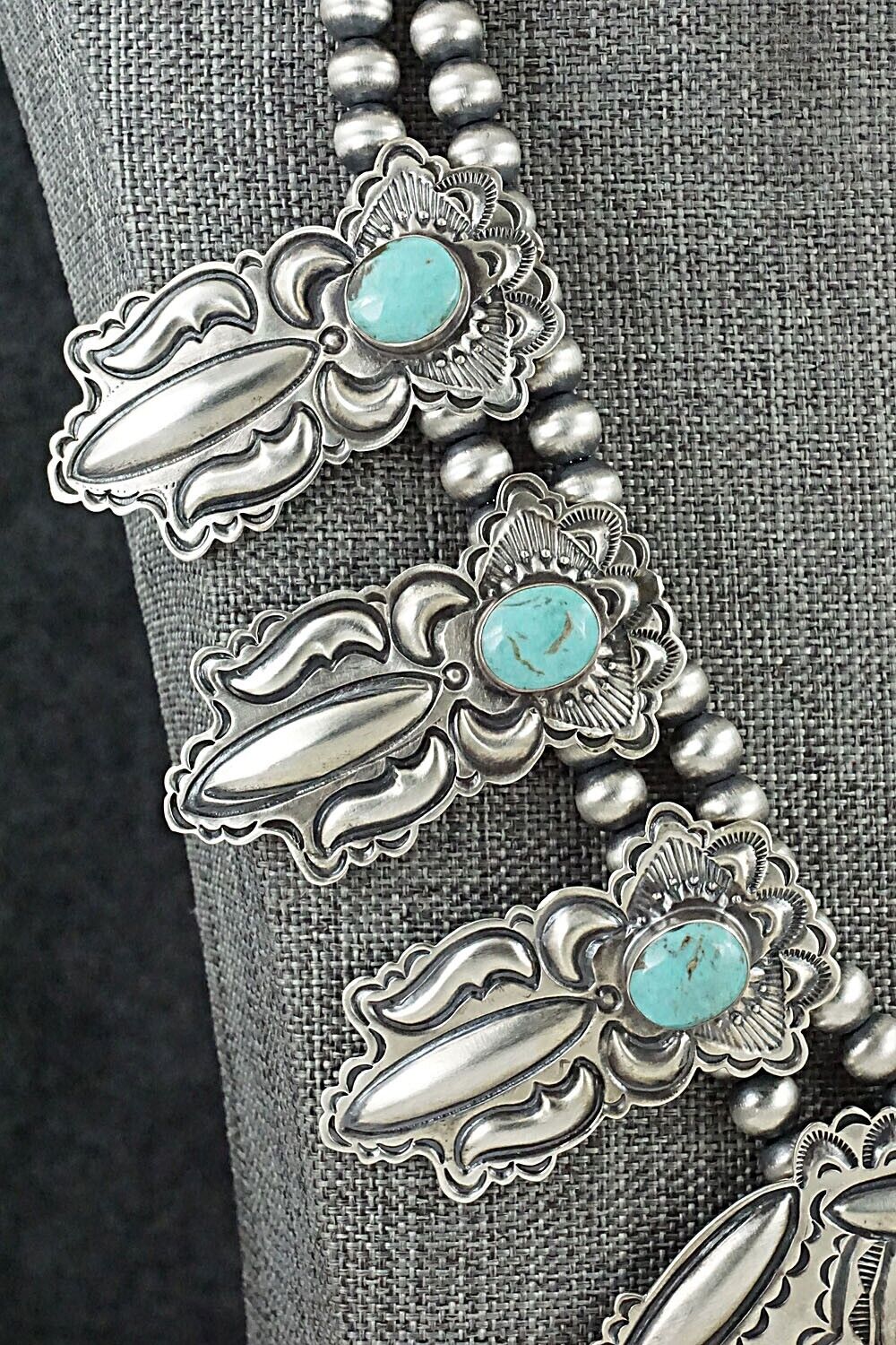 Turquoise & Sterling Silver Squash Blossom Necklace - Roland Dixson