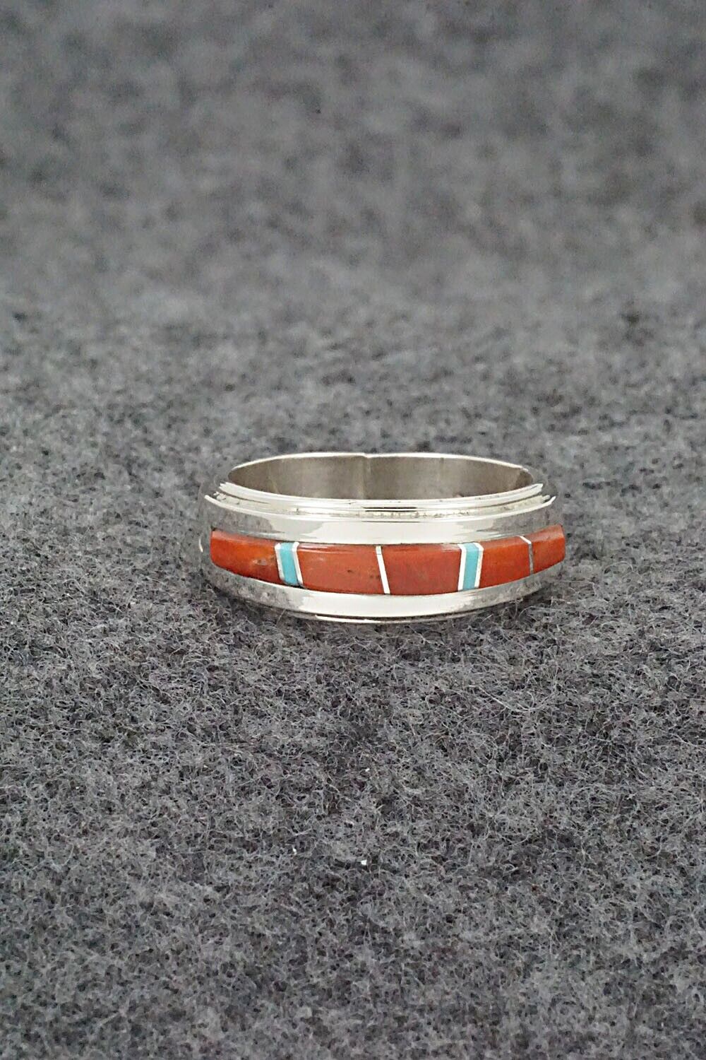 Coral, Turquoise & Sterling Silver Inlay Ring - Wilbert Muskett Jr. - Size 7