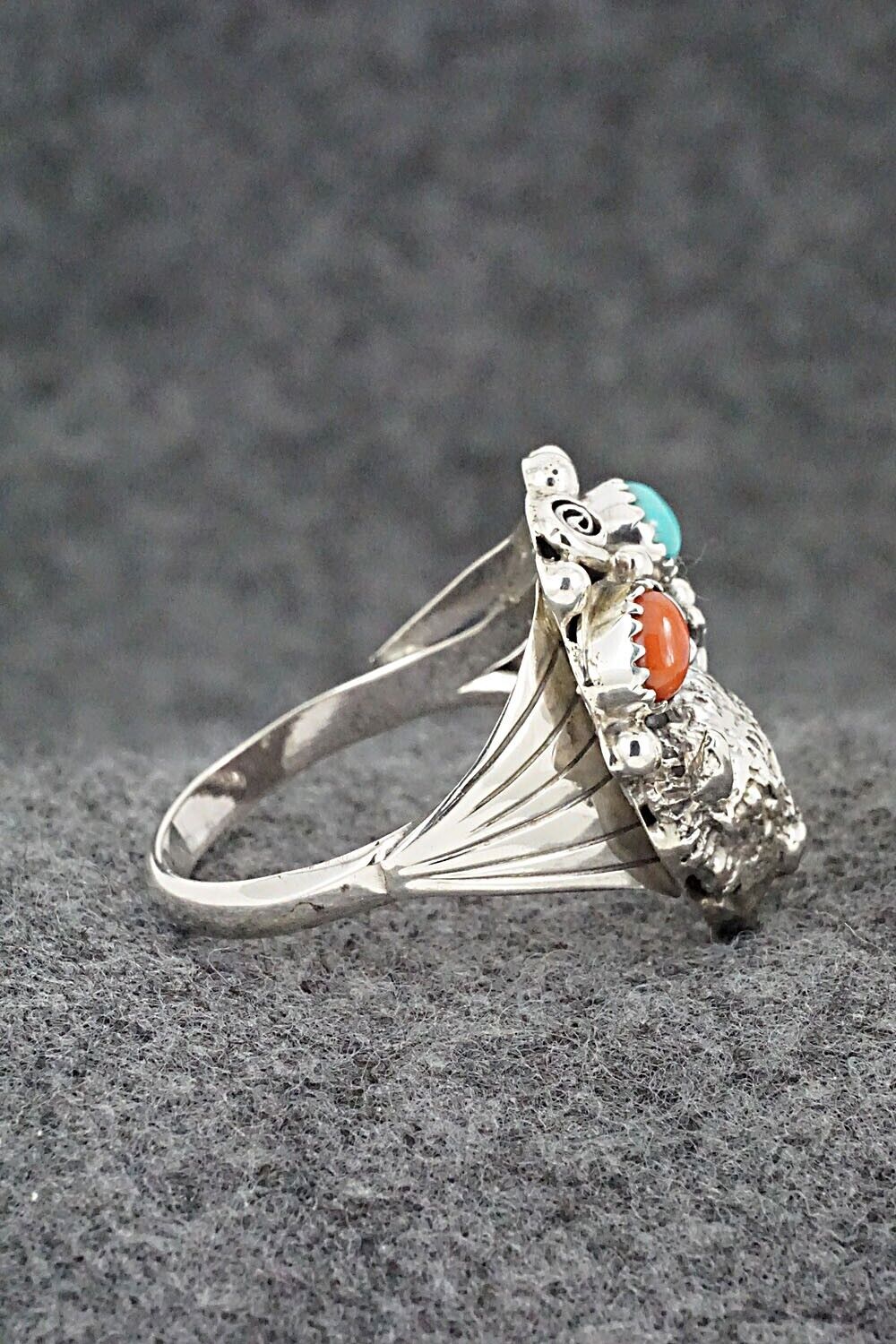 Turquoise, Coral & Sterling Silver Ring - Jeannette Saunders - Size 14