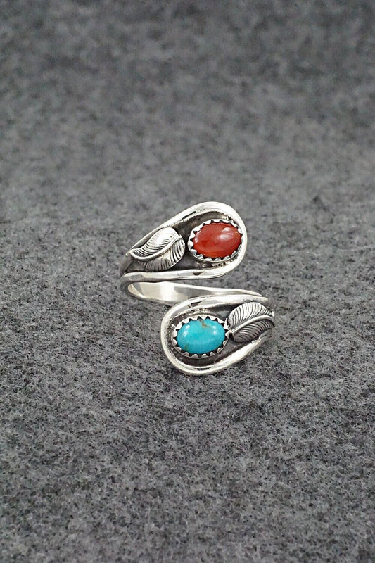 Turquoise, Coral & Sterling Silver Ring - Angela Platero - Size 8.5