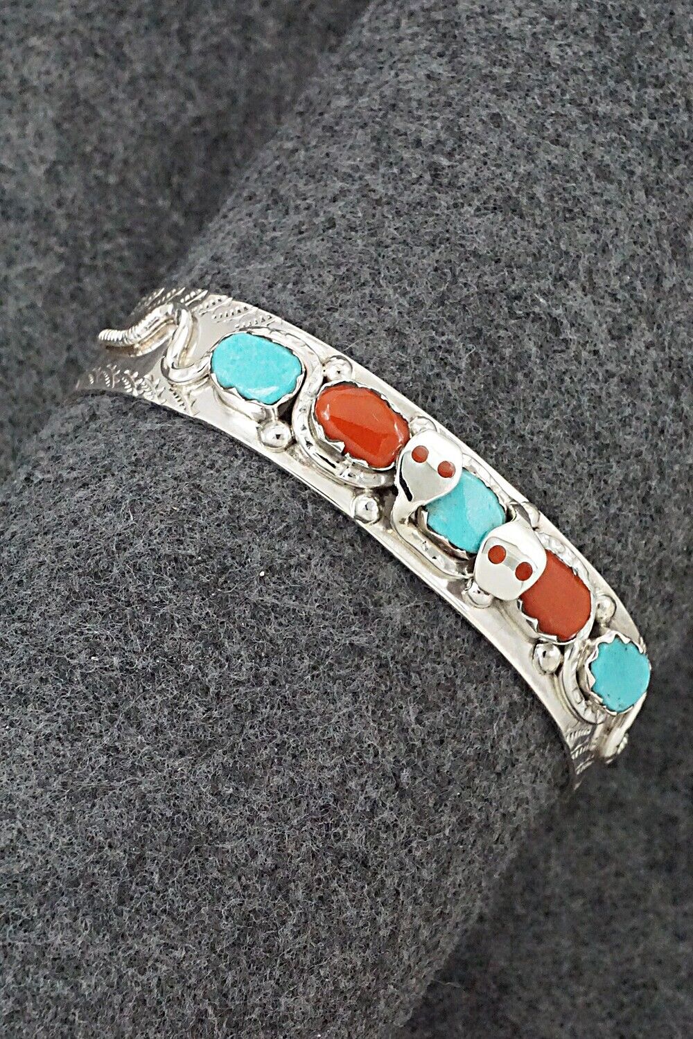 Turquoise, Coral & Sterling Silver Bracelet - Joy Calavaza