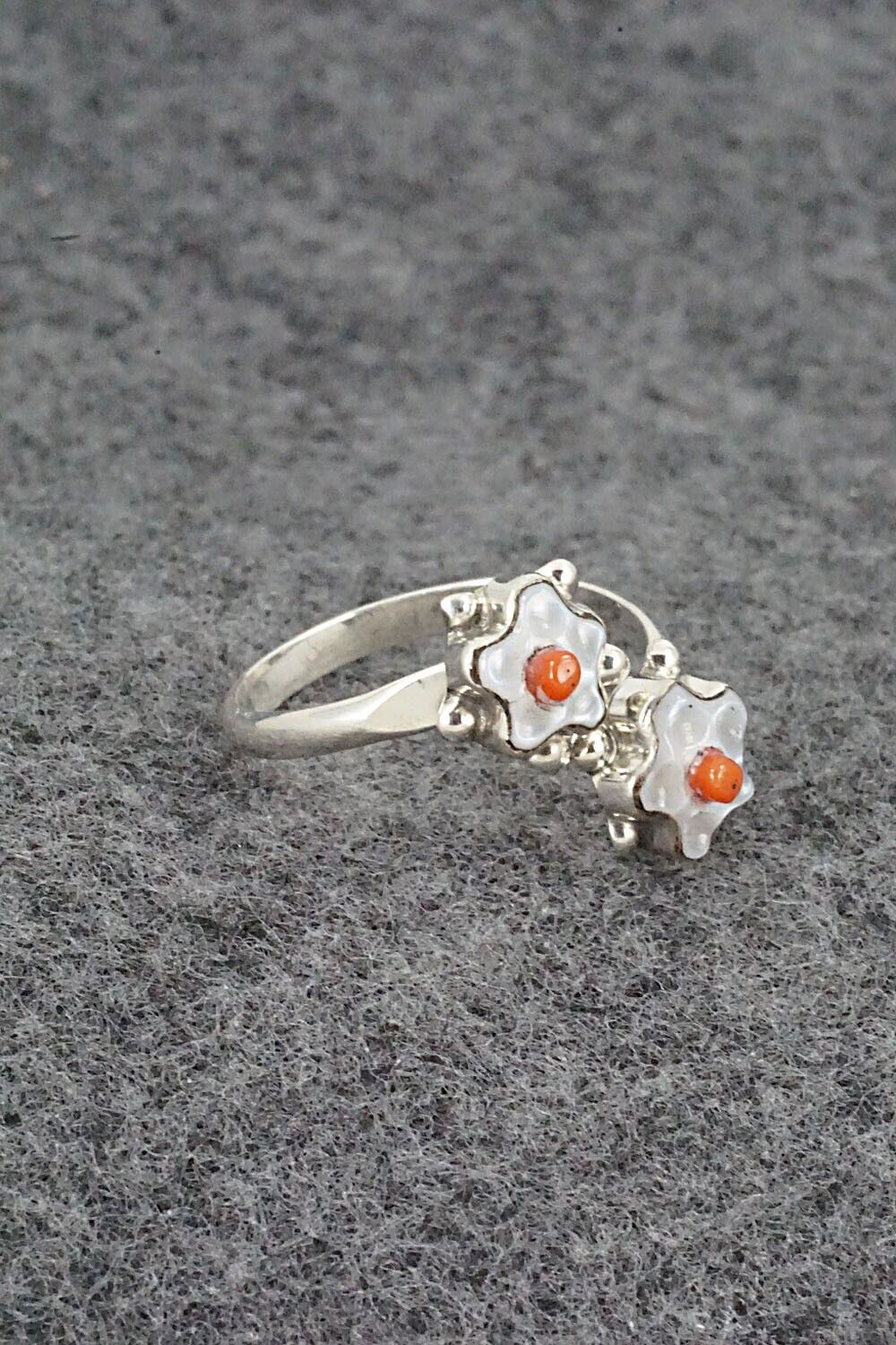 Coral, Mother of Pearl & Sterling Silver Ring - Tamara Pinto - Size 8