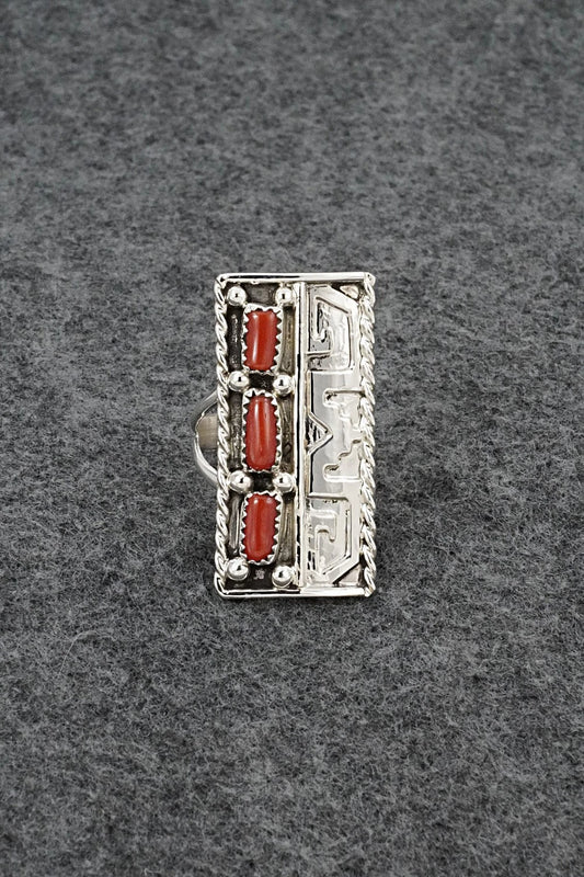 Coral & Sterling Silver Ring - Ronnie Spencer - Size 8.5