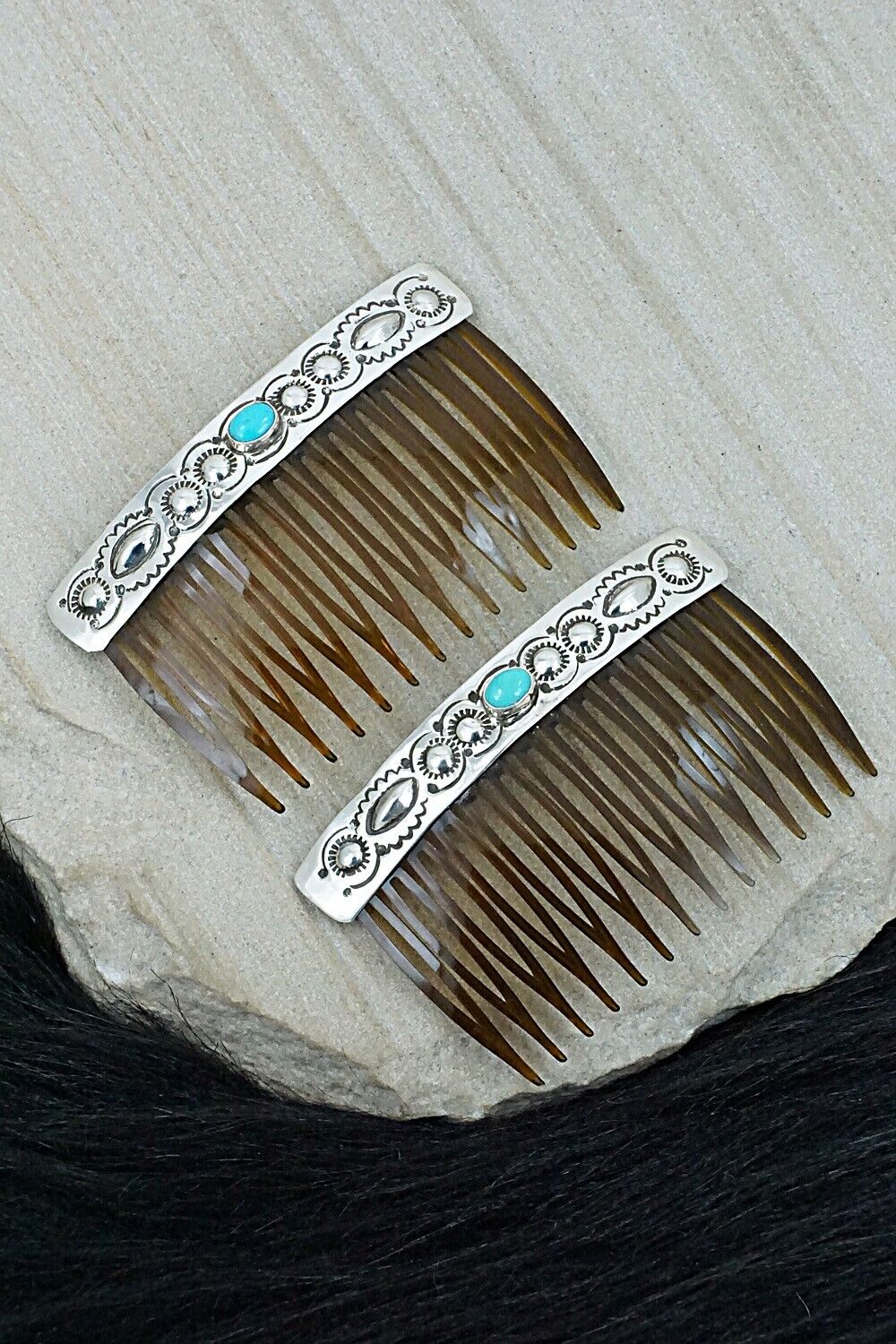 Turquoise & Sterling Silver Hair Combs - Jennie Blackgoat