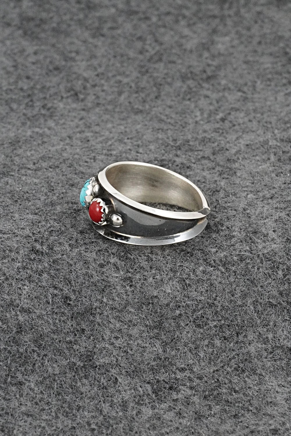 Turquoise, Coral & Sterling Silver Ring - Paul Largo - Size 11.75