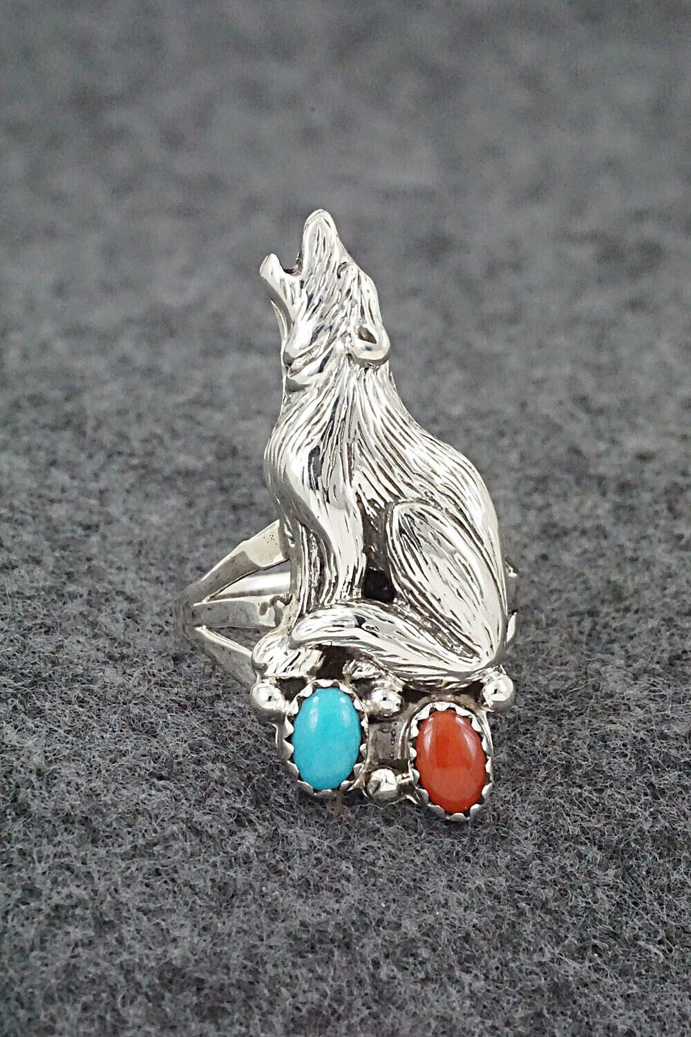 Turquoise, Coral & Sterling Silver Ring - Jerryson Henio - Size 8.5