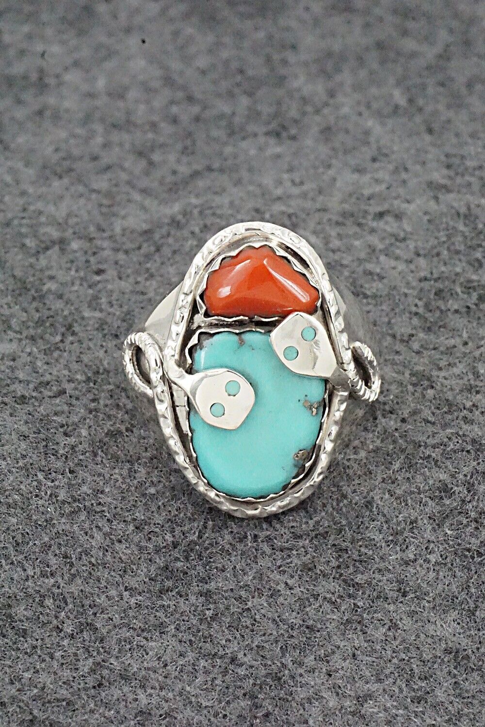 Turquoise, Coral & Sterling Silver Ring - Joy Calavaza - Size 13