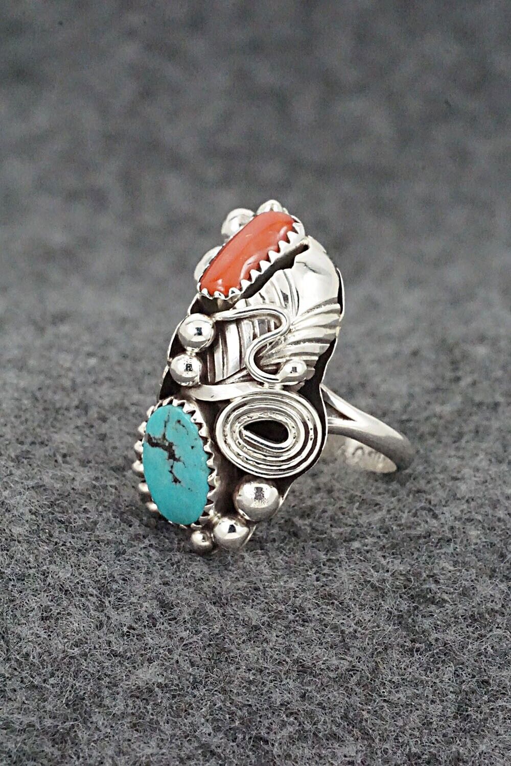 Turquoise, Coral & Sterling Silver Ring - Max Calladitto - Size 5.5