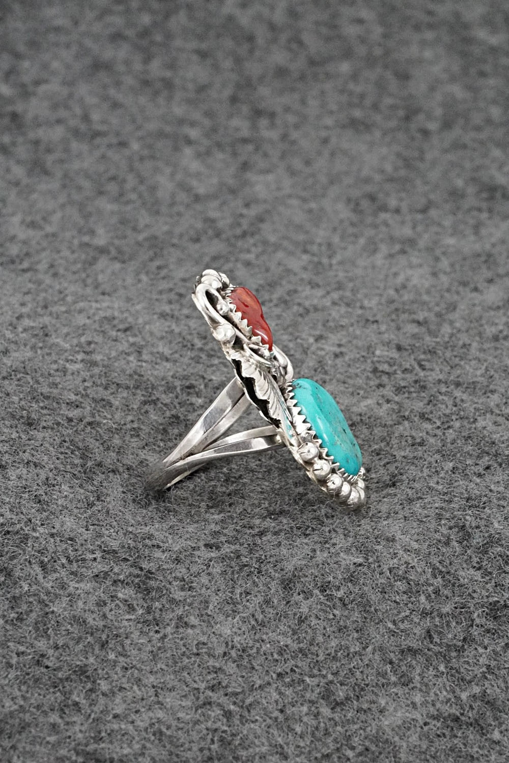 Turquoise, Coral & Sterling Silver Ring - Herbert Begaye - Size 7