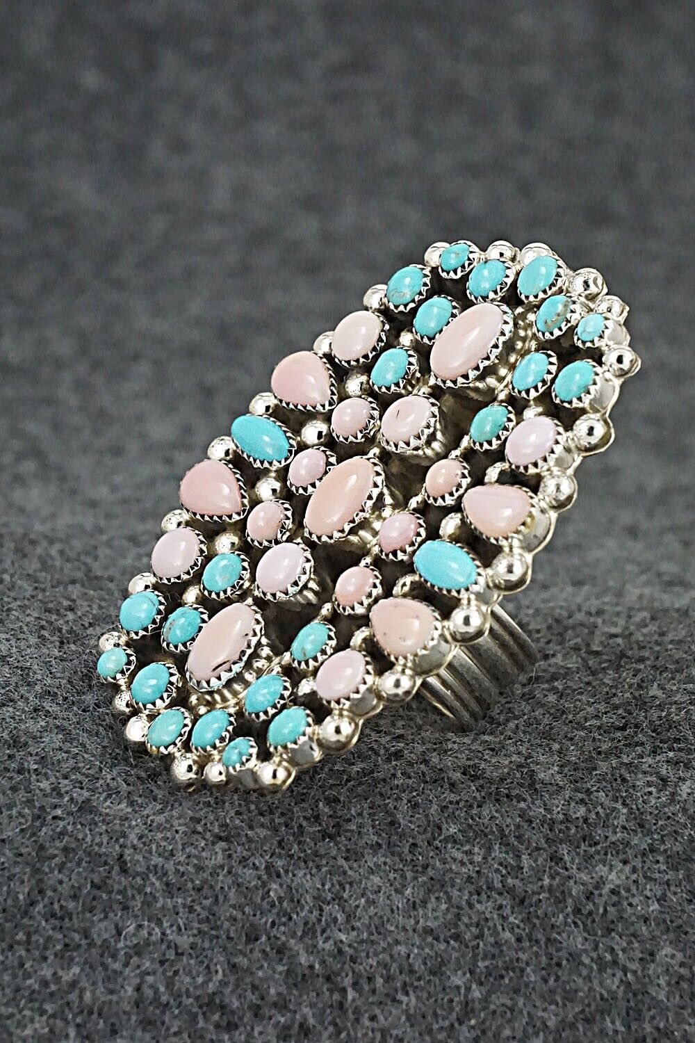 Pink Conch Shell, Turquoise & Sterling Silver Ring - Tina Jones - Size 9.5 (Adj)