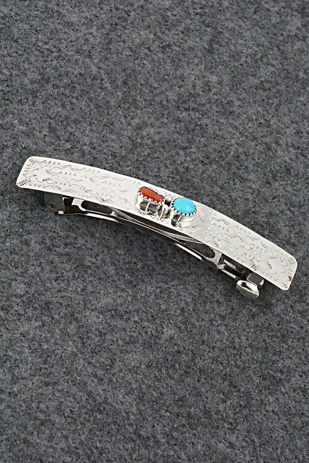 Turquoise, Coral & Sterling Silver Hair Barrette - Sally Arviso