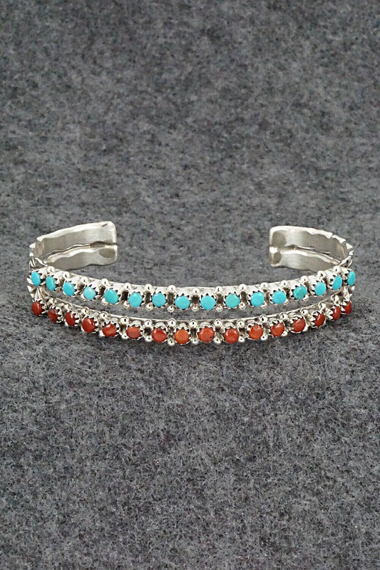 Turquoise, Coral & Sterling Silver Bracelet - Murray Hannaweeka