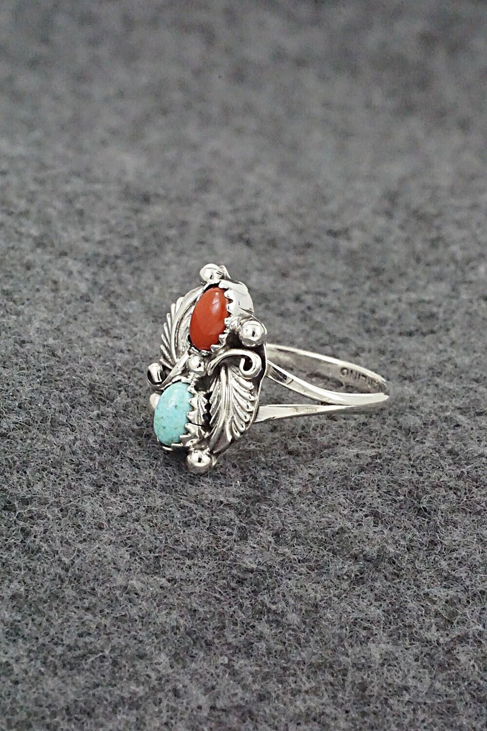 Turquoise, Coral & Sterling Silver Ring - Harris Largo - Size 8.5
