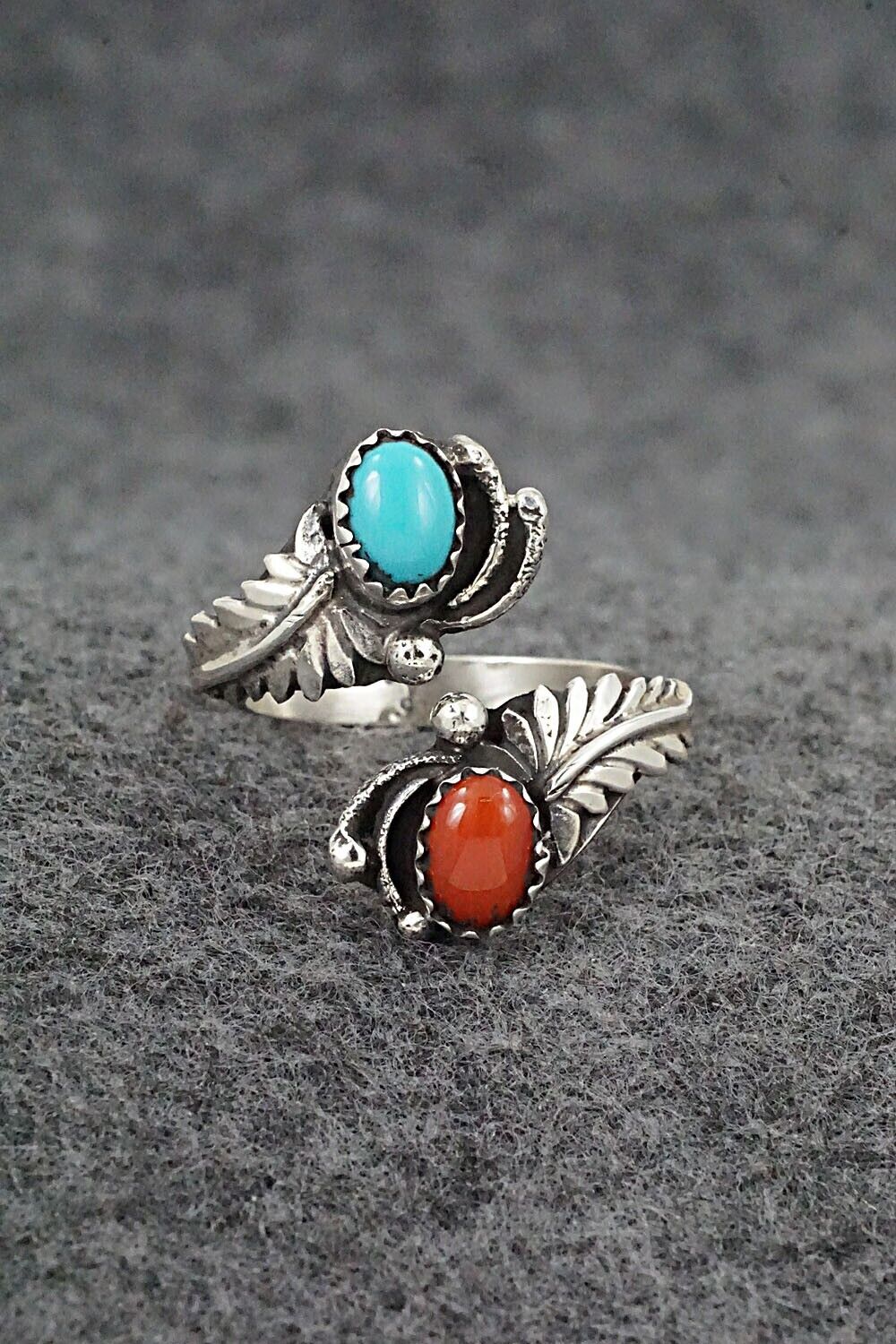 Turquoise, Coral & Sterling Silver Ring - Etta Belin - Size 7