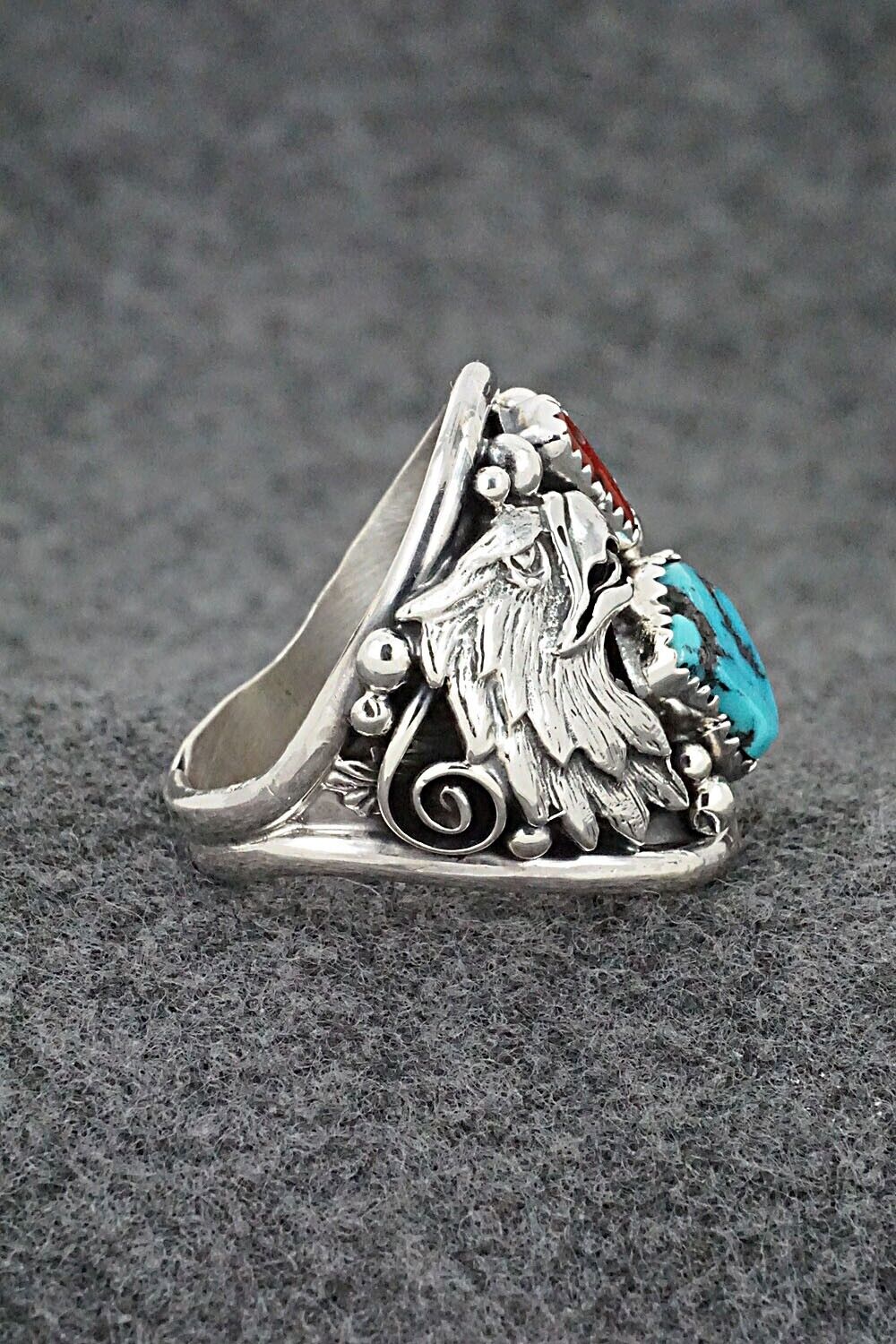 Turquoise, Coral & Sterling Silver Ring - Jeannette Saunders - Size 13