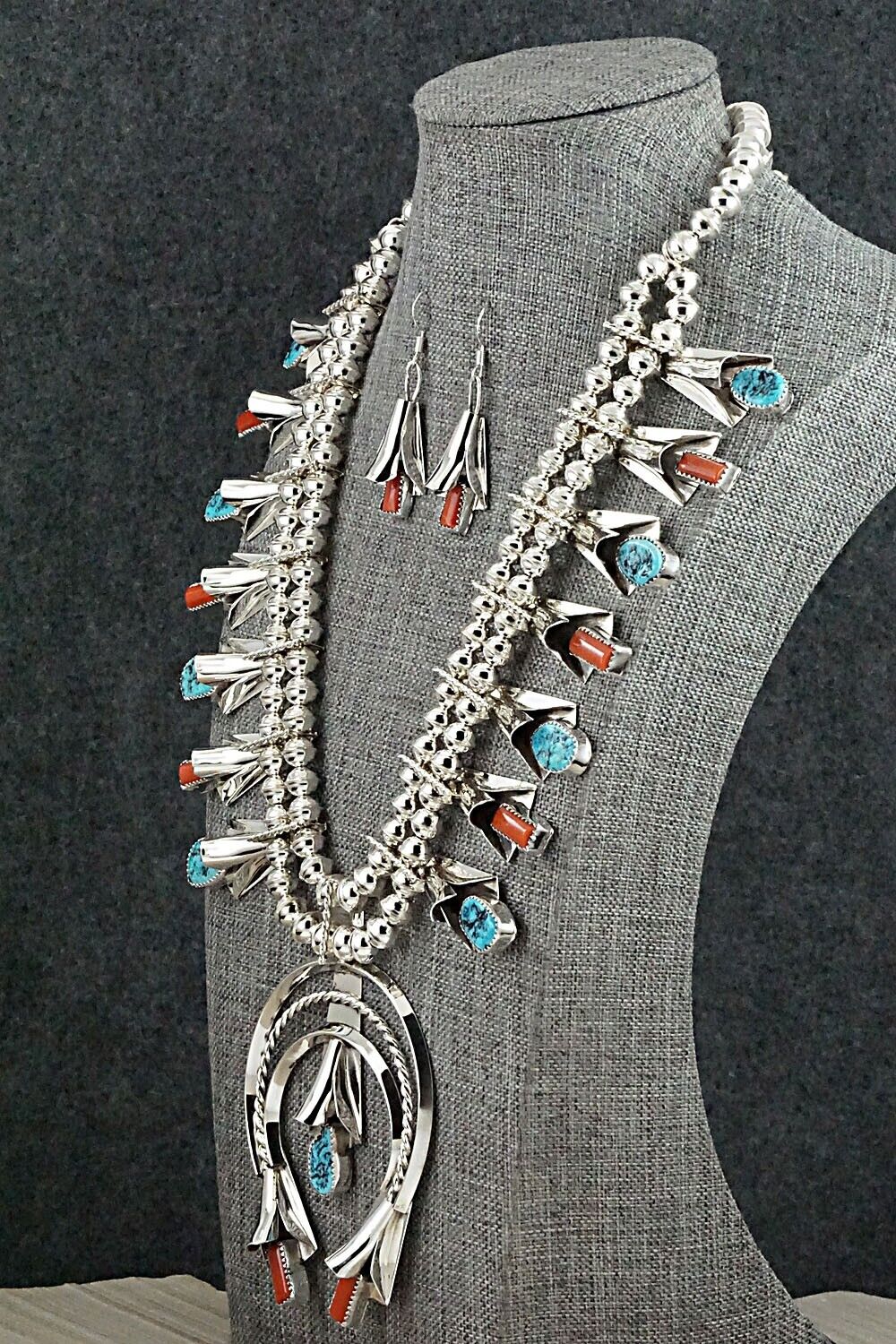 Turquoise, Coral & Sterling Silver Squash Blossom Set - Louise Yazzie