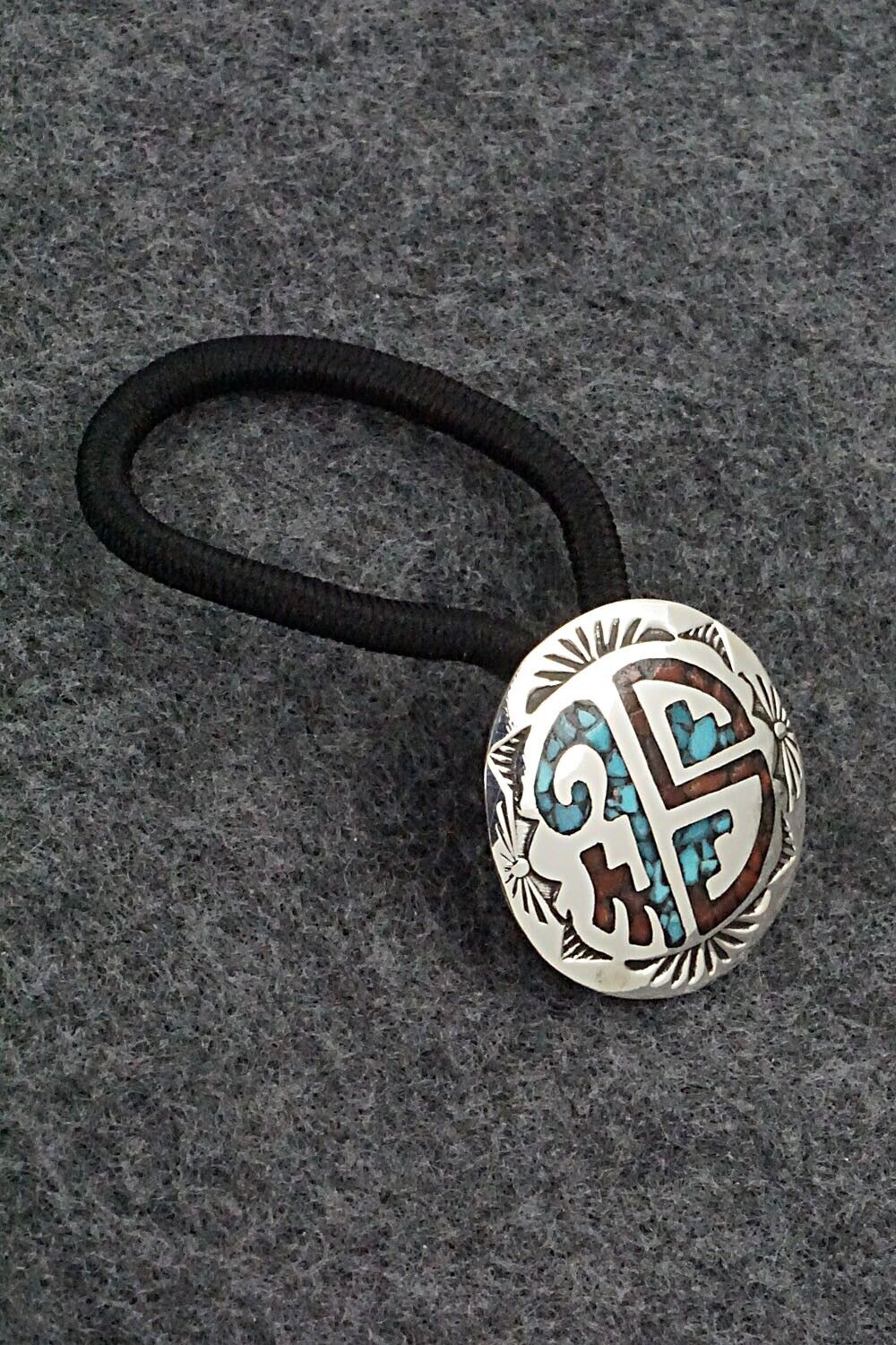 Turquoise, Coral & Sterling Silver Hair Tie - Joleen Yazzie