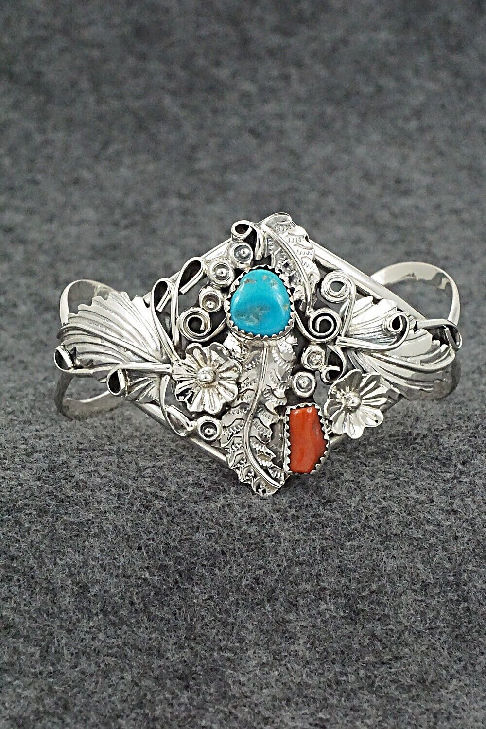 Turquoise, Coral & Sterling Silver Bracelet - Harry Yazzie