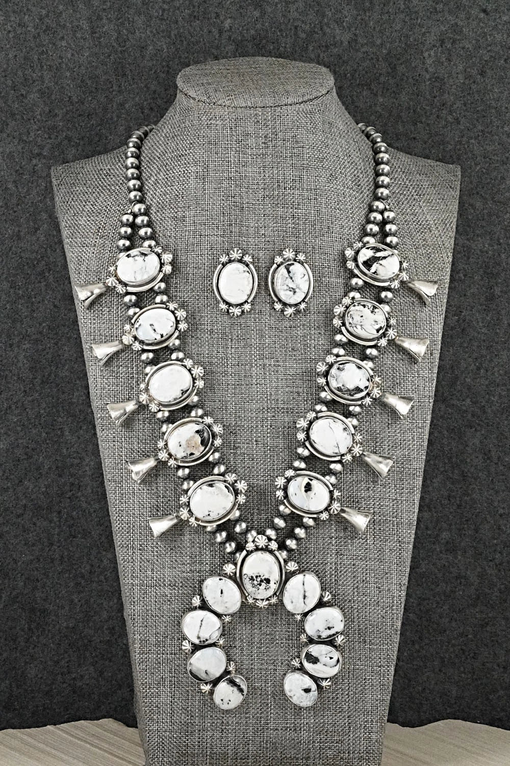 White Buffalo & Sterling Silver Squash Blossom Set - Darrin Livingston