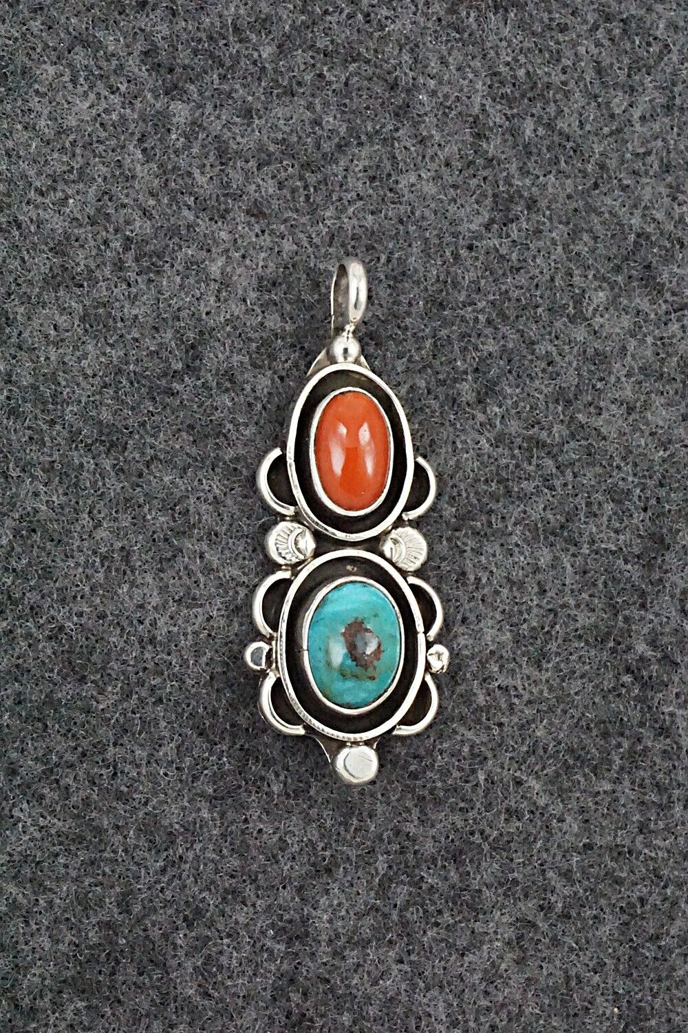 Turquoise, Coral & Sterling Silver Pendant - Roger Lewis