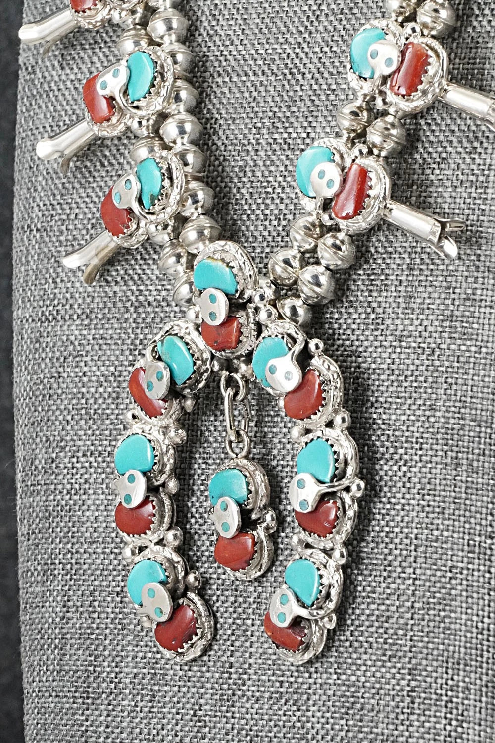 Turquoise, Coral & Sterling Silver Squash Blossom Set - Gayle Calavaza