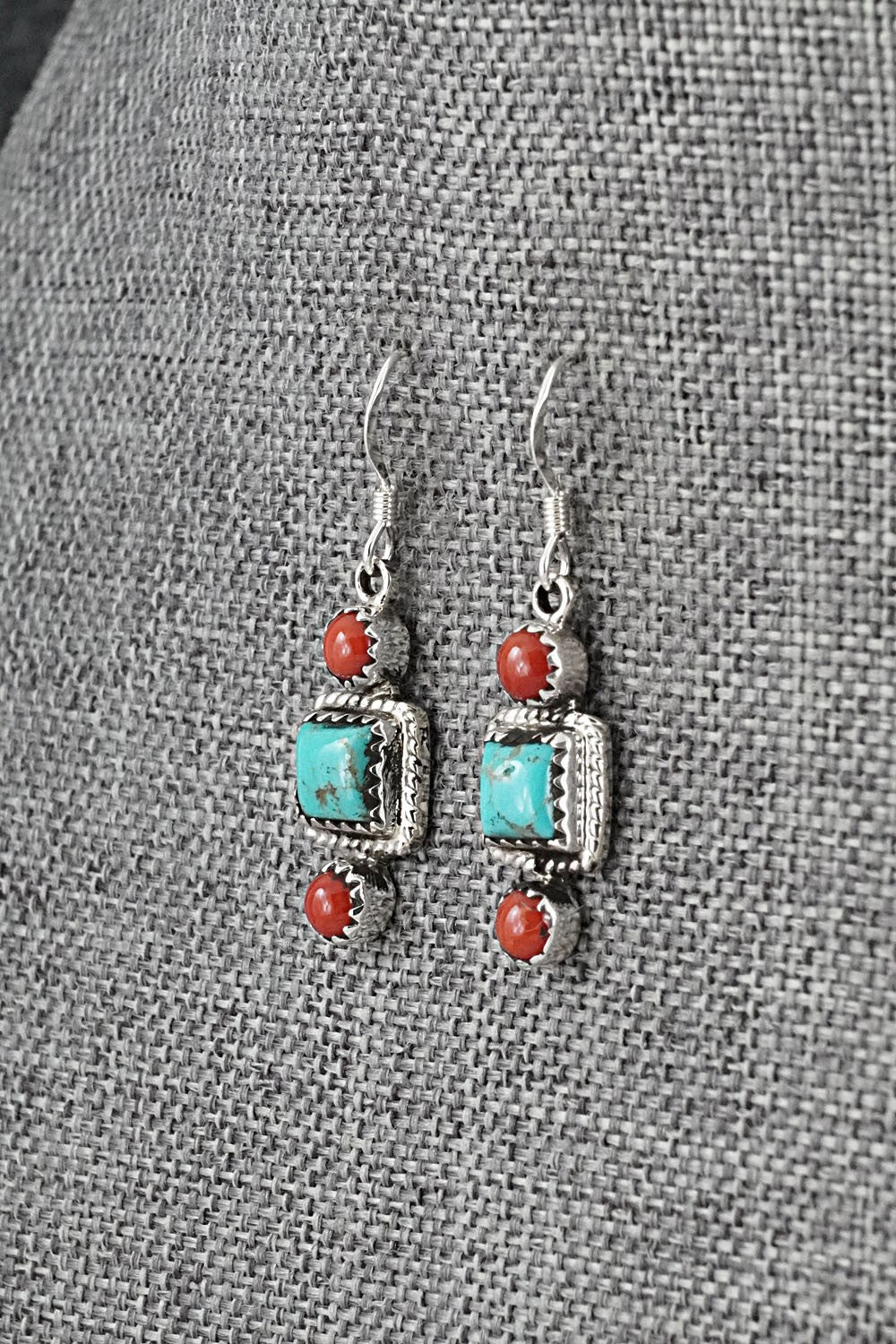 Turquoise, Coral & Sterling Silver Earrings - Gary Shorty