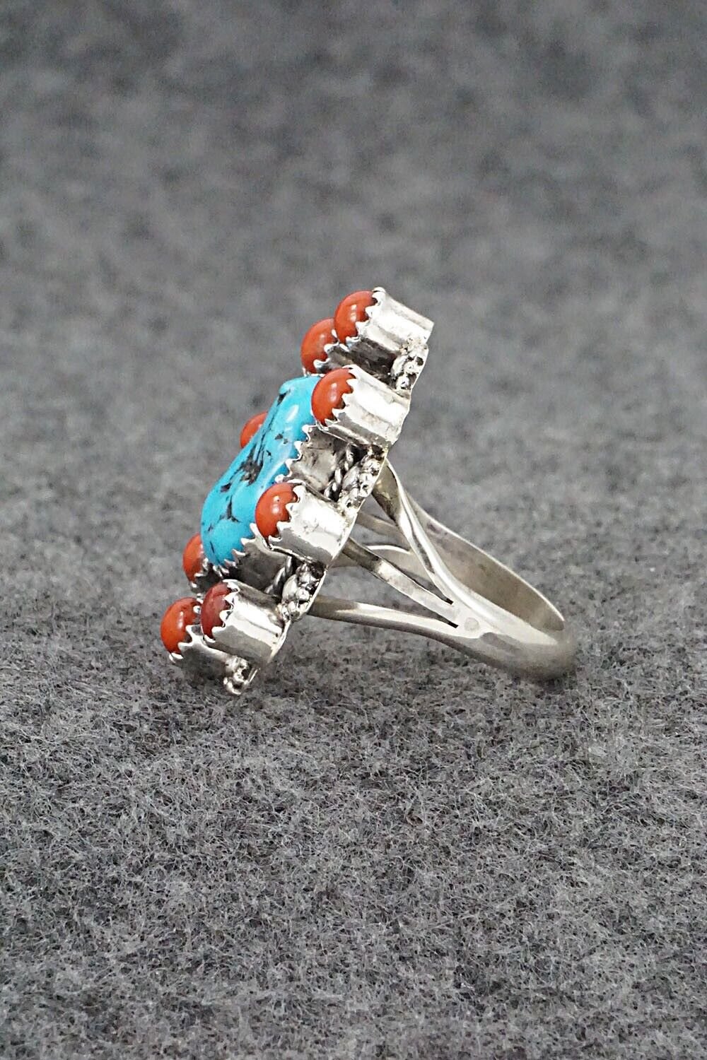 Turquoise, Coral & Sterling Silver Ring - Rene Yazzie - Size 7.5