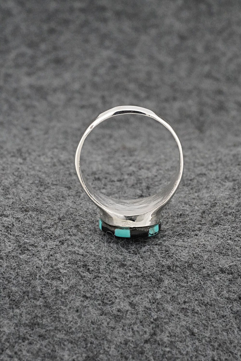 Turquoise, Onyx & Sterling Silver Inlay Ring - Johnson Laweka - Size 8