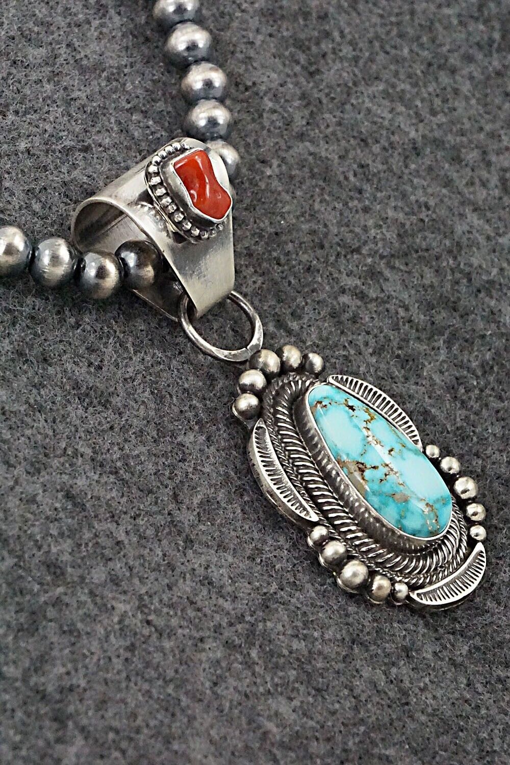 Turquoise, Coral & Sterling Silver Necklace - Tom Lewis