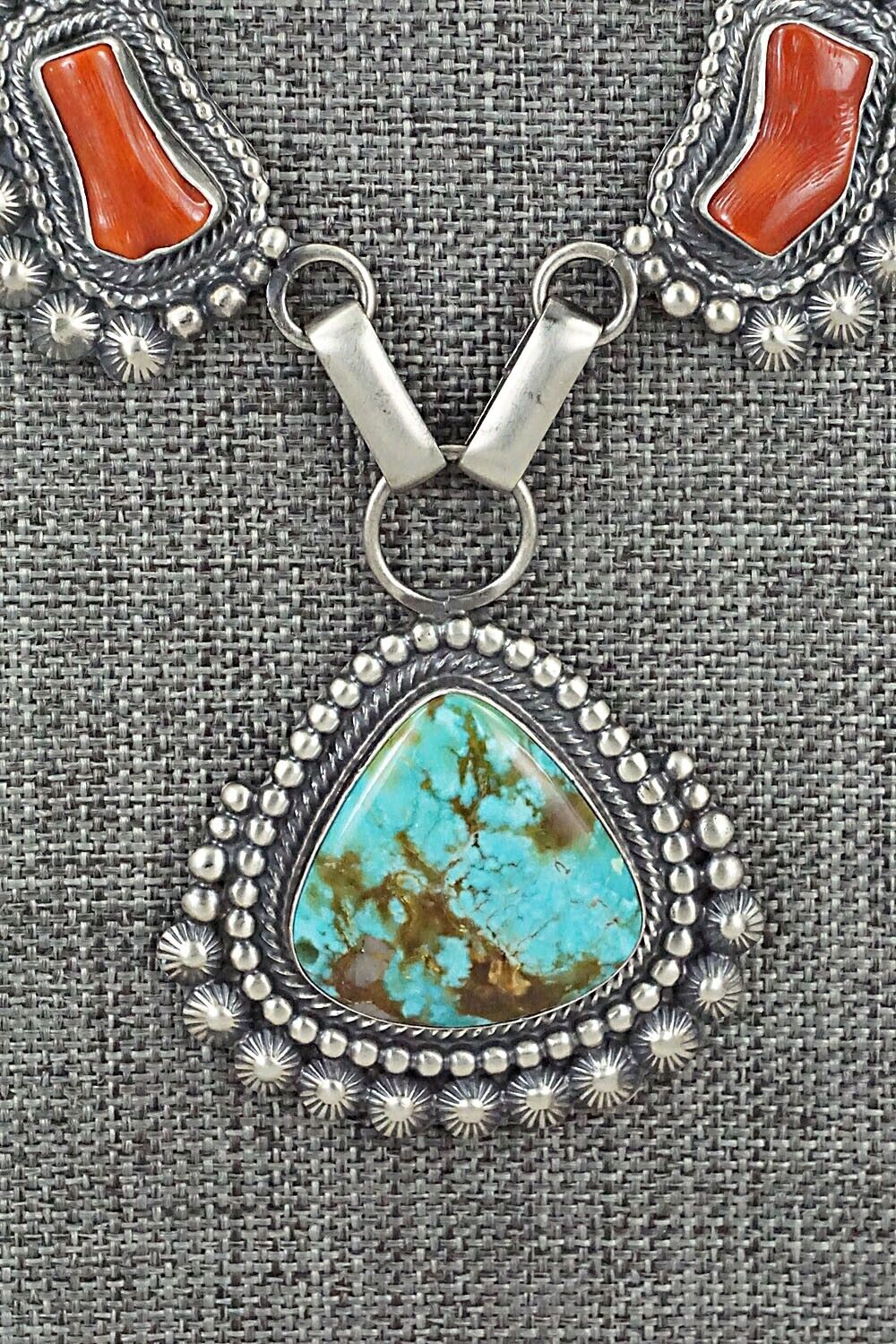 Turquoise, Coral & Sterling Silver Necklace and Earrings Set - Tom Lewis