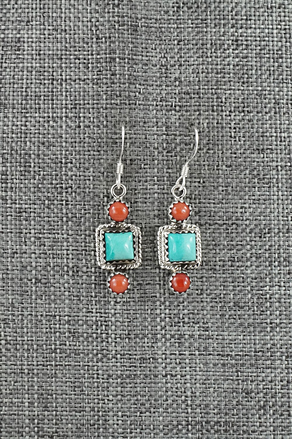 Turquoise, Coral & Sterling Silver Earrings - Gary Shorty