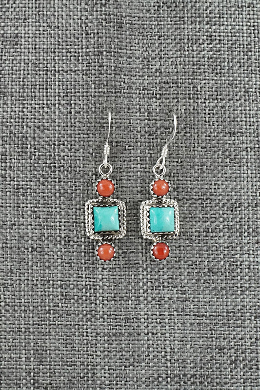 Turquoise, Coral & Sterling Silver Earrings - Gary Shorty